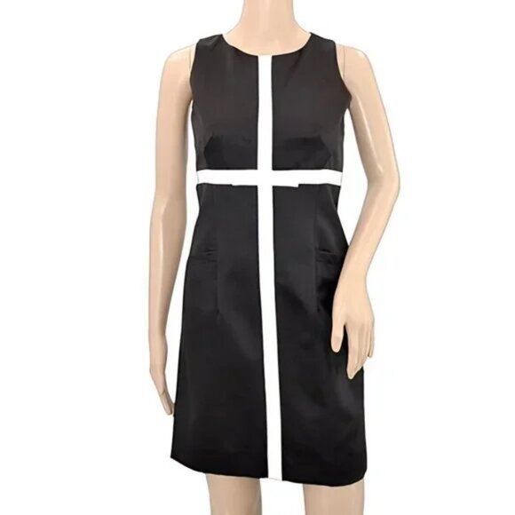 Odessa Black White Color Block Ribbon Bow Satin Shift Sheath Mini Dress XS 2 - Picture 3 of 6
